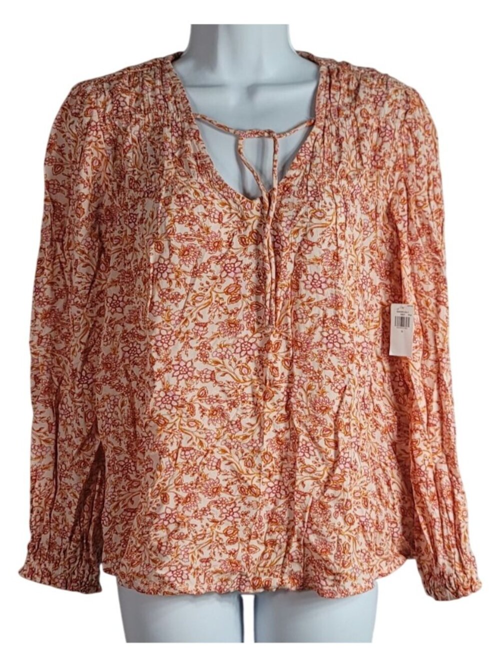 Old Navy Women All Over Floral Top Orange Small Long Sleeve Tie Pleat V Neck NEW